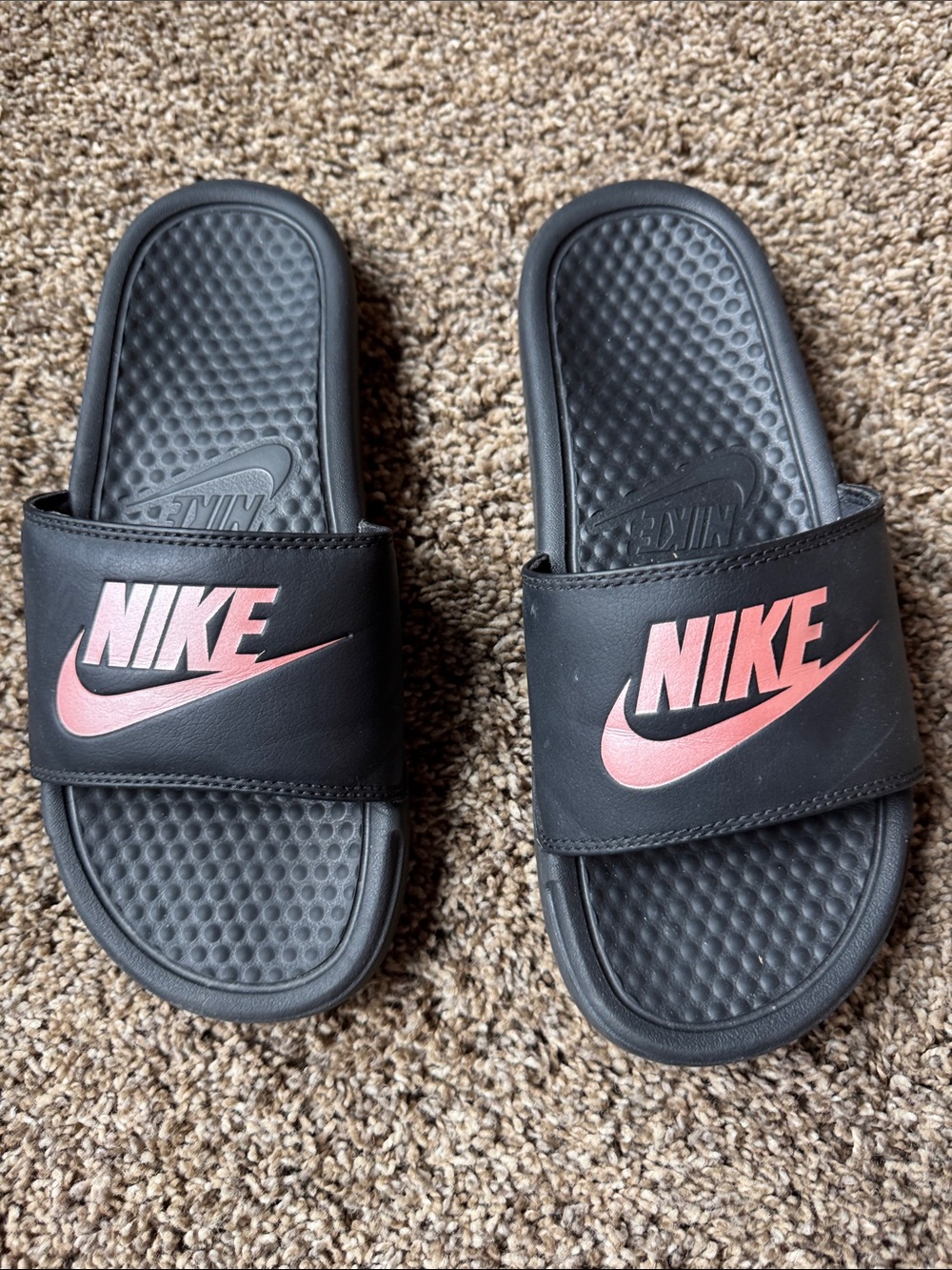 Nike Black Womens Slide Sandals with Pink Logo